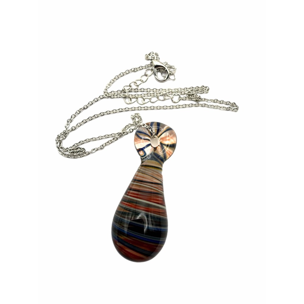 Hand Blown Glass Teardrop Pendant Necklace Blue Amber Swirl Art Glass Jewelry